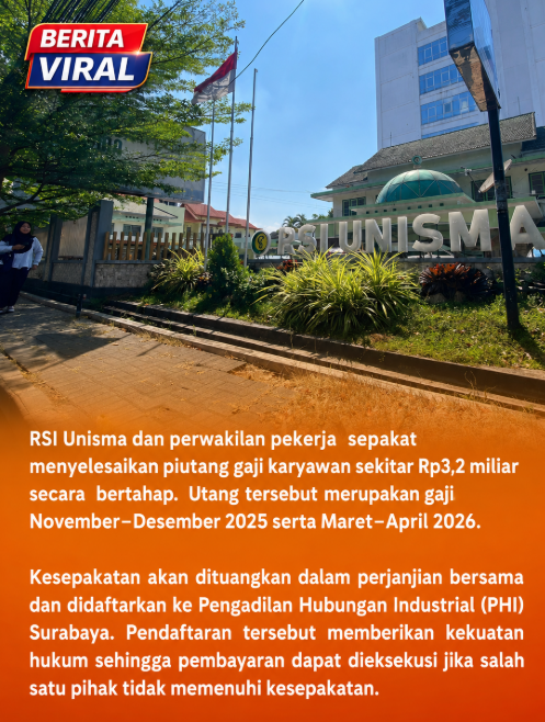 aflitto's tweet photo. RSI Unisma dan perwakilan pekerja sepakat menyelesaikan piutang gaji karyawan sekitar Rp3,2 miliar secara bertahap. Utang tersebut merupakan gaji November–Desember 2025 serta Maret–April 2026.

Pembayaran akan dimulai September hingga Desember 2026, dengan skema 10 persen https://t.co/GIJ0dunLPP