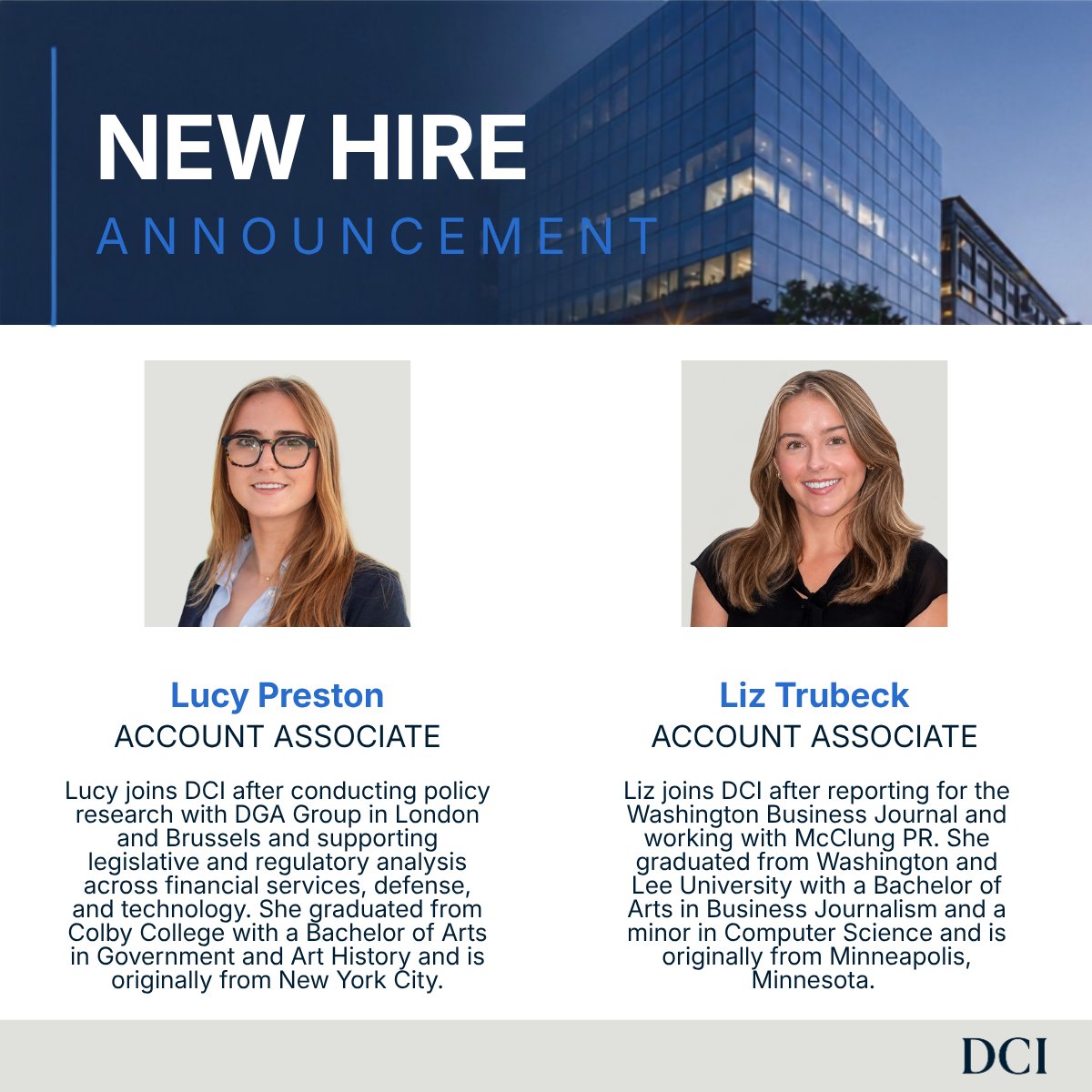 DCIGroup's tweet photo. Welcome to DCI!

As we continue growing our team, we're pleased to welcome Patrick Hynes, Chloe Kerpius, Landon Self, Sophia Sfiroudis, Lucy Preston, and Liz Trubeck.

Welcome to the team!

Read more: 
https://t.co/BiiYQUI37p https://t.co/6k96PgXhRk