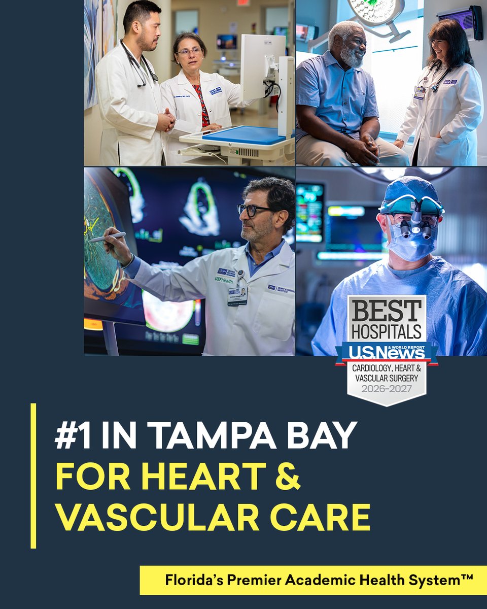 TGHCares's tweet photo. Proud to have our TGH Heart & Vascular Institute named #1 in Tampa Bay by @usnews. With @usfhealth, our teams combine advanced technologies, innovative treatments and groundbreaking research to improve outcomes for our patients. #WeAreTGH #TheAcademicDifference @USFHealthMed https://t.co/nK222bHmHw