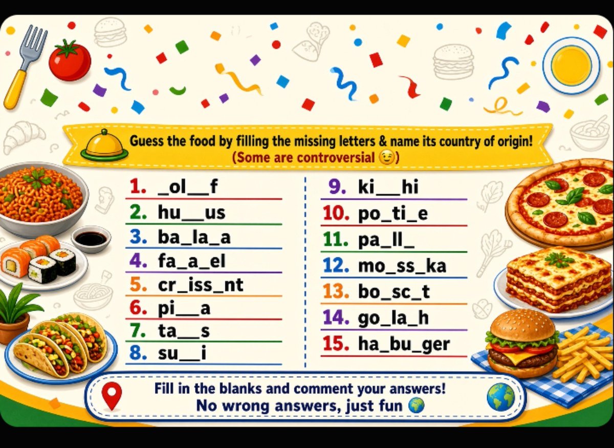 iam_seeker's tweet photo. This should be fun.

Think you know your world foods?  

Fill in the missing letters and name the country of origin for each one! https://t.co/Hr9Q0phHDC