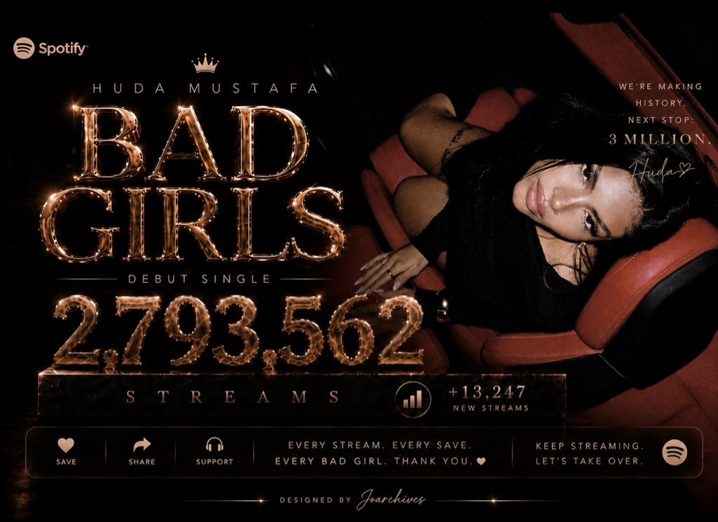 _Joarchives_'s tweet photo. 🚨BAD GIRLS UPDATE 

2.8 MILLION IS JUST WITHIN REACH

BAD GIRLS by Huda Mustafa is now at 2,793,562 streams on Spotify! 🥹🔥

Only 206,438 streams to go until 3M! 👀
KEEP STREAMING, BAD GIRLS WE’RE SO CLOSE! 🖤✨ https://t.co/nKMK7knpCz
