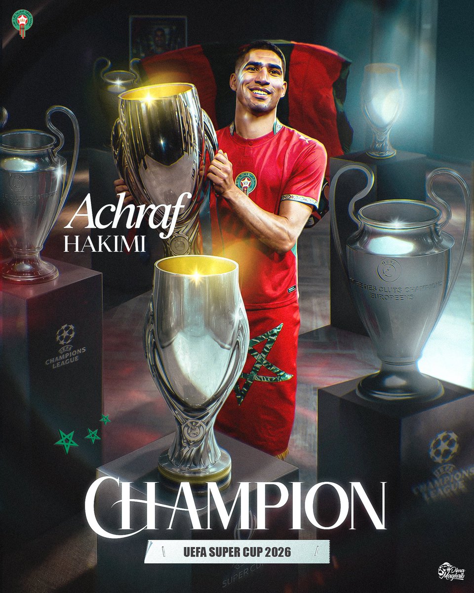 EnMaroc's tweet photo. هنيئًا لـ أشرف حكيمي تتويجه بكأس السوبر الأوروبي للمرة الثالثة في مسيرته، والثانية على التوالي رفقة فريقه باريس سان جيرمان 🏆🤩

Congratulations to 𝐀𝐂𝐇𝐑𝐀𝐅 𝐇𝐀𝐊𝐈𝐌𝐈 on winning his third UEFA Super Cup, and his second consecutive title with Paris Saint-Germain 💪👏

#DimaMaghrib 🇲🇦