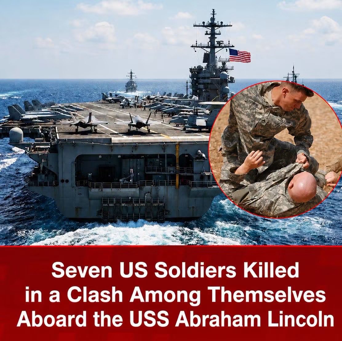 Truthtellerftm's tweet photo. Imagine that, US soldiers just getting killed from fighting now?

Or they were KIA from Iranian missiles and drones and they’re hiding the true cause of death!

7 US Navy personnel have reportedly been killed and several others wounded in a violent clash aboard the USS Abraham Lincoln, as growing unrest among the carrier’s crew has exposed mounting pressure inside the US military amid a prolonged deployment.

How did this supposedly happen?

The incident erupted after an adviser to US Central Command (CENTCOM) chief Brad Cooper boarded the carrier to address mounting complaints from crew members following protests by their families over the ship’s prolonged deployment, according to Tasnim News Agency, citing an informed military source.

The Abraham Lincoln has been deployed for 263 days and is currently operating in the Indian Ocean, where its primary mission is to enforce an illegal naval blockade against Iran.
