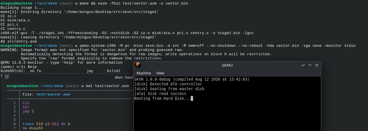 0xf4ebfd's tweet photo. my x86 firmware can now boot from hard disk (took 3d)

next steps are actually setting up interrupts so i can do stuff. then i'll do more setup like being able to boot off floppy and then i'll do other boot stuff (ACPI, BIOS32, E820, more interrupts, etc) https://t.co/eGLlFogCze