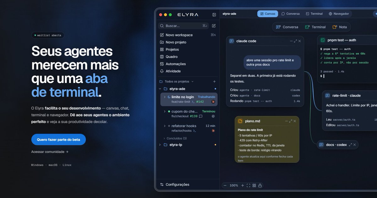 jandisufg's tweet photo. Finalmente, waitlist do Elyra aberta (links abaixo).

O Elyra é uma ADE de desenvolvimento com agents, multiworkspaces, orquestração, canvas, chat nativo com +30 providers/CLI, navegador integrado, conexão remota com máquinas SSH, automações, OMP e muito mais ainda está por vir.

Entre os dias 15/08 e 17/08 iremos lançar a versão beta para quem tiver inscrito no site e quem estiver na comunidade.