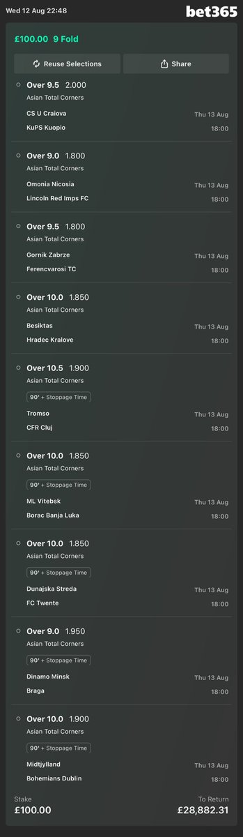 footyhustle's tweet photo. 🚨 THURSDAY CORNERS MEGA ACCA 🚨🎯

9 Asian Total Corners selections 🔥

💷 Stake: £100
💰 Potential Return: £28,882.31

Corners have been printing lately… 📈🔥
Can we cash another MONSTER tonight? 👀💰

❤️ LIKE if you’re riding with us!
🔁 RT &amp; FOLLOW for more. https://t.co/7pZuAj8noH