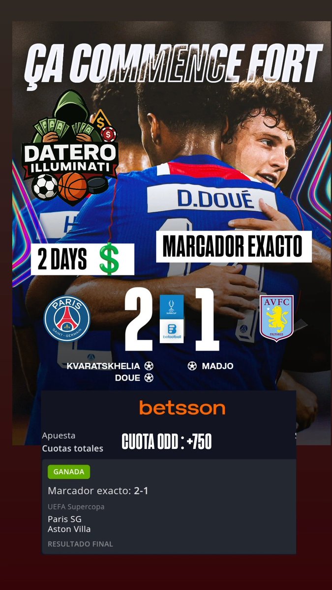 DateroIluminati's tweet photo. Marcador exacto! ¡PAID🎯✅
🔥¡Increíble predicción!💲2 DAYS 

Psg 2 - 1 ✅ #odds : +750

¿Quieres acertar así? Únete recibe pronósticos ganadores +51921487932

#apuestasdeportivas #Pronósticos  #Parley #BettingTips #SportsPicks #GanaConNosotros #bets #betsson https://t.co/uWZZStpqC0