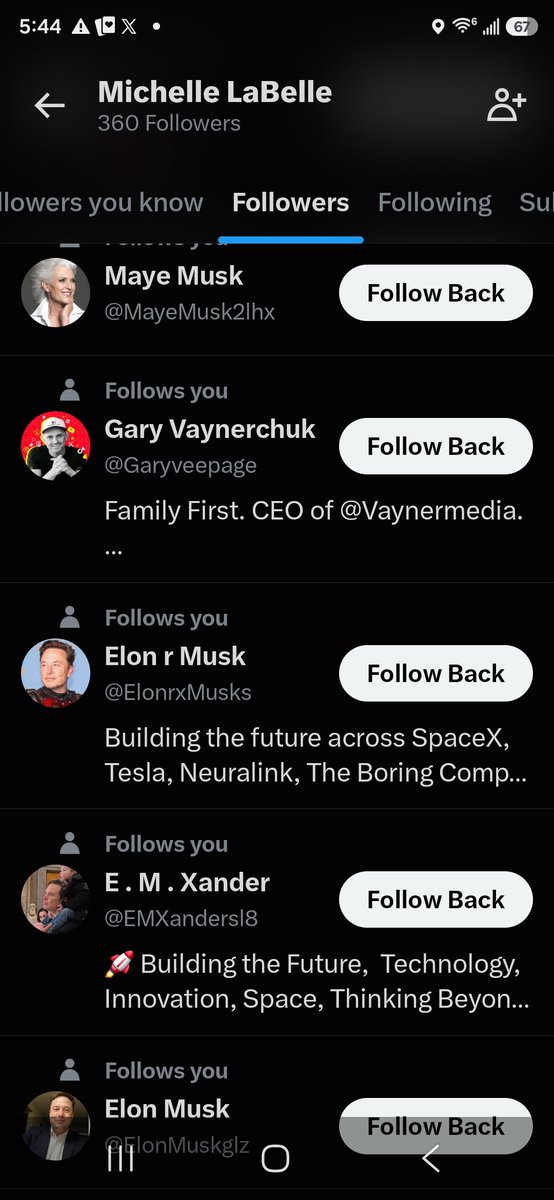 MichelleRose460's tweet photo. I know it's not Elon doing the scamming thanks not what I said.  I didn't lose anything financially at all I am baffled just how easy it is the use AI to sound just like others and impersonate him.  Here is an example of new followers of mine.    One says Elon and one says Maye. There are thousands on here.