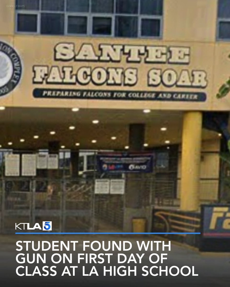 KTLA's tweet photo. Authorities say a student was found with a gun at a Los Angeles high school on Wednesday morning, the first day of the new school year. https://t.co/eK35La8NGW https://t.co/sXeOjisiXH