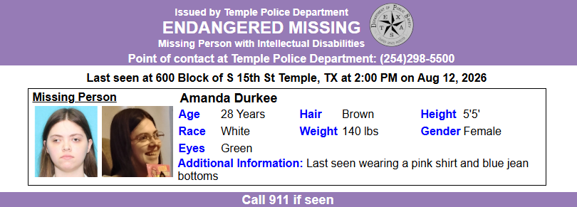 TX_Alerts's tweet photo. ACTIVE ENDANGERED MISSING ALERT for Amanda Durkee from Temple, TX, on 08/12/2026. https://t.co/TQxyVWm0PX