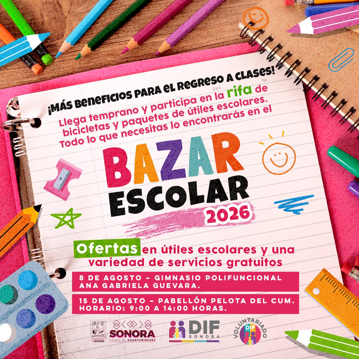 DIFSonora's tweet photo. El @gobiernosonora  y DIF Sonora te invitan al Bazar Escolar donde encontrarás útiles escolares a muy bajo precio, además de servicios gratuitos como corte de cabello, examen de la vista, expedición de actas de nacimiento, credencialización para transporte público,  rifas y más https://t.co/qq8ryhYb04