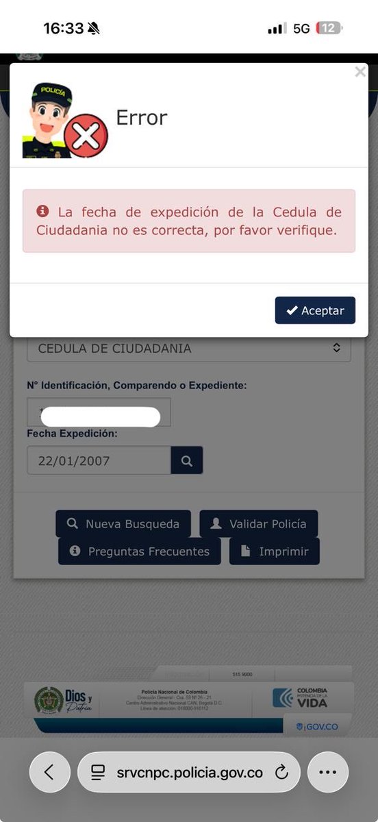 slagtanic's tweet photo. @PoliciaColombia estoy intentando consultar el RNMC y me aparece un error con la fecha de expedición, que debo hacer? He intentado en varios navegadores y no funciona https://t.co/qH78IpdEfN