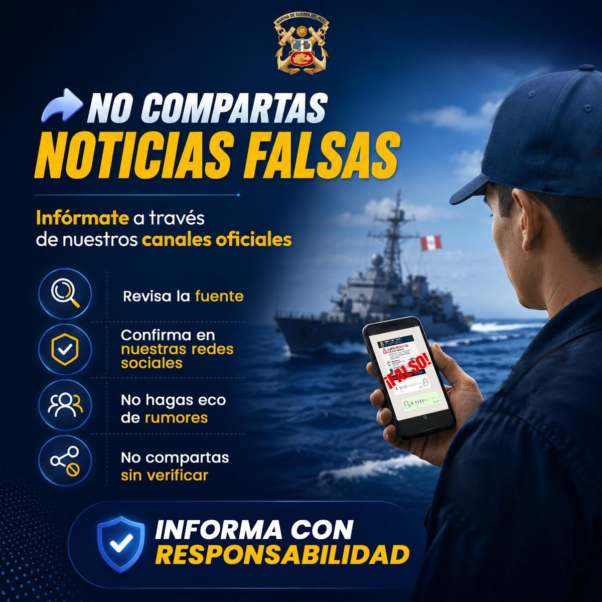 naval_peru's tweet photo. ⚠️ ATENCIÓN | La Marina de Guerra del Perú advierte que el audio y comunicado sobre un supuesto sismo son falsos. Los sismos no pueden predecirse. No compartas información de fuentes no oficiales. Infórmate únicamente por nuestros canales oficiales y plataformas del Estado. 🇵🇪 https://t.co/w1Z6mJnICw