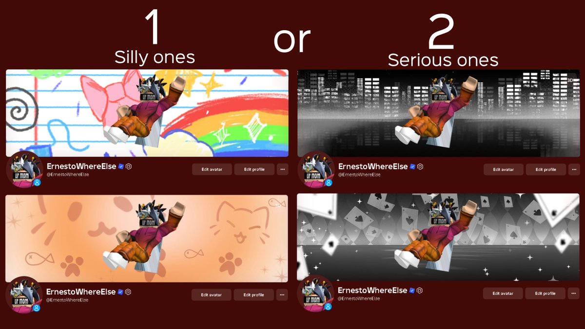 ErnestoWhatElse's tweet photo. What type of background should I let my team focus more on? 
1 or 2?           #ugc #ugcbackground #roblox https://t.co/L6c0nFS0CL