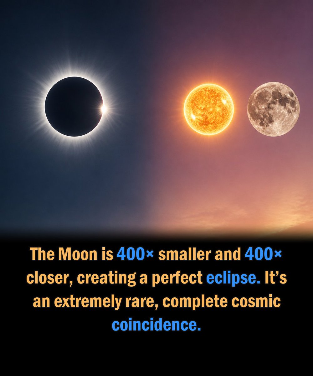 SciInFocus's tweet photo. The Moon covers the Sun by accident. 400 against 400.

The Sun is about 400 times wider than the Moon. It also happens to sit about 400 times further away. Both figures are NASA's.

Two completely unrelated numbers, and they land on the same one. So the discs match.

Miss it by a bit and there's no totality, no corona, just a bright ring and a slightly dim afternoon. Ask Mars, where Phobos manages about a third of the Sun.