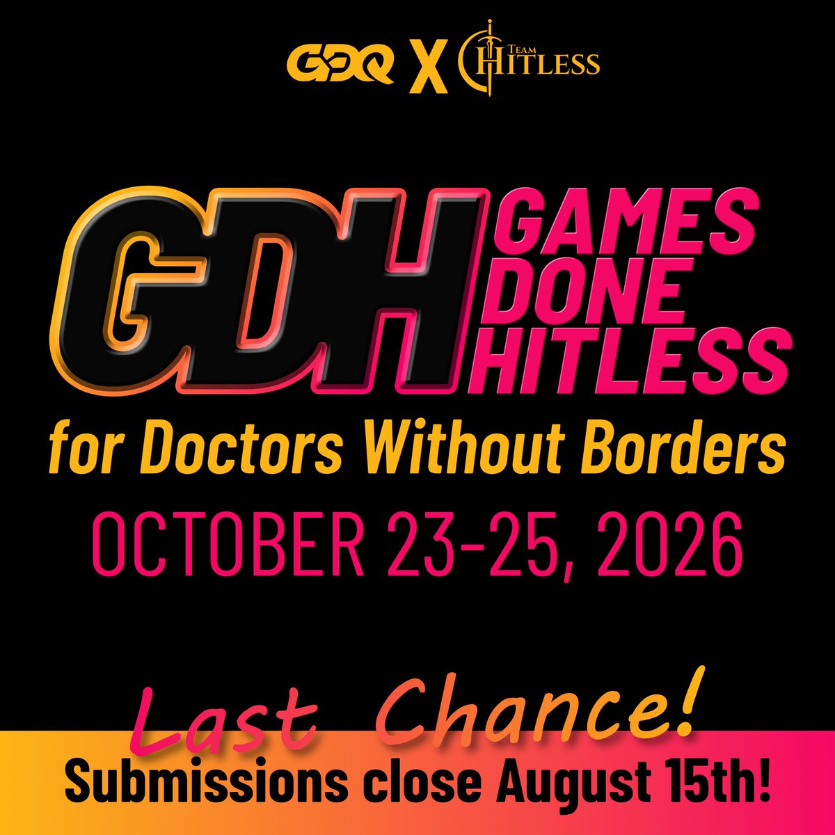 TeamHitless's tweet photo. Last chance! Applications close 8/15 for Games Done Hitless: a three day hitless showcase hosted by  @TeamHitless  &amp; @GamesDoneQuick to benefit @MSF 

Show us your best hitless &amp; damageless run ideas here: https://t.co/KCnUNnztUG https://t.co/2HeuqxZsmC