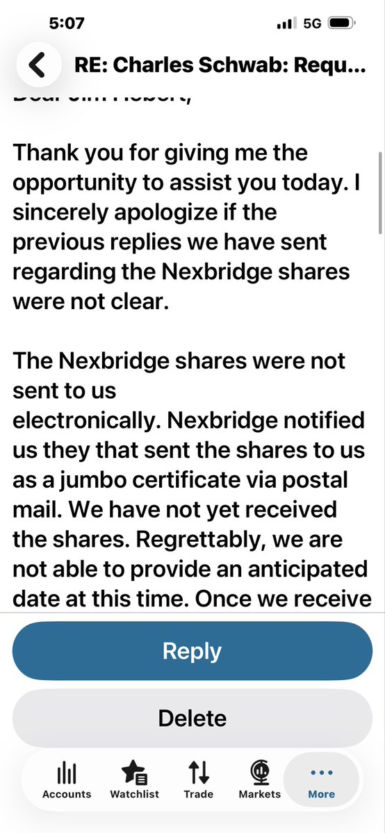 Leo032020's tweet photo. More LIES coming from Schwab about our 1-30 Dividend from NBH. At least they lied in less than a day 😂. I sent this message today 8/12/26 and here was Schwabs response. https://t.co/DVtRipyz7a