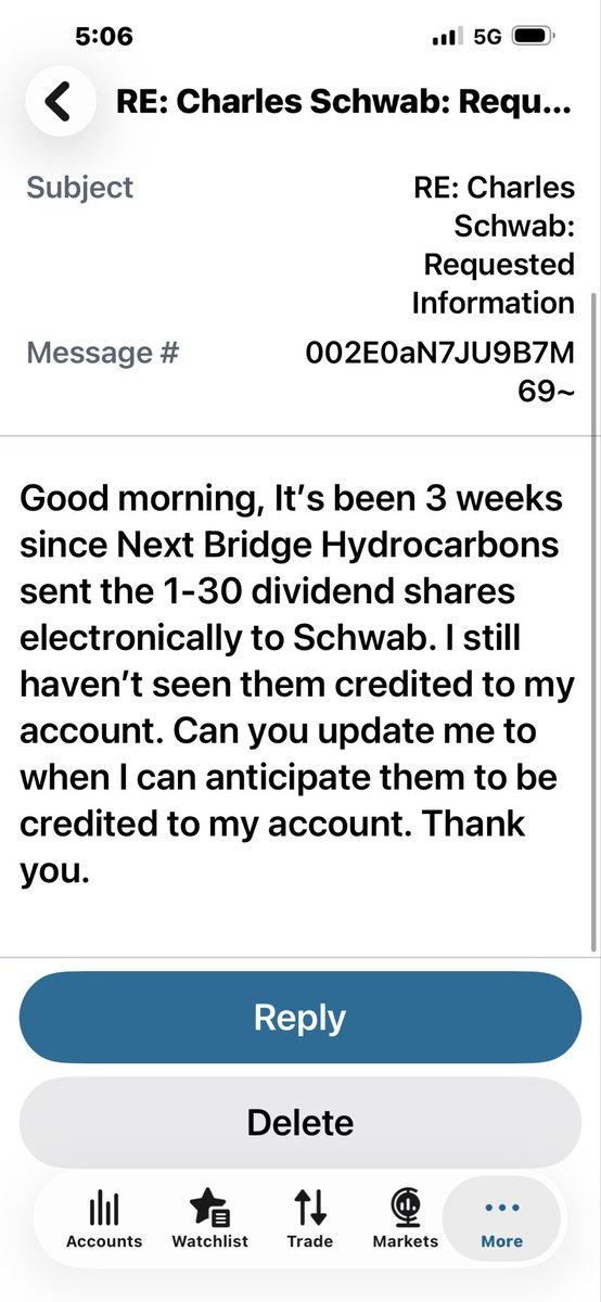 Leo032020's tweet photo. More LIES coming from Schwab about our 1-30 Dividend from NBH. At least they lied in less than a day 😂. I sent this message today 8/12/26 and here was Schwabs response. https://t.co/DVtRipyz7a