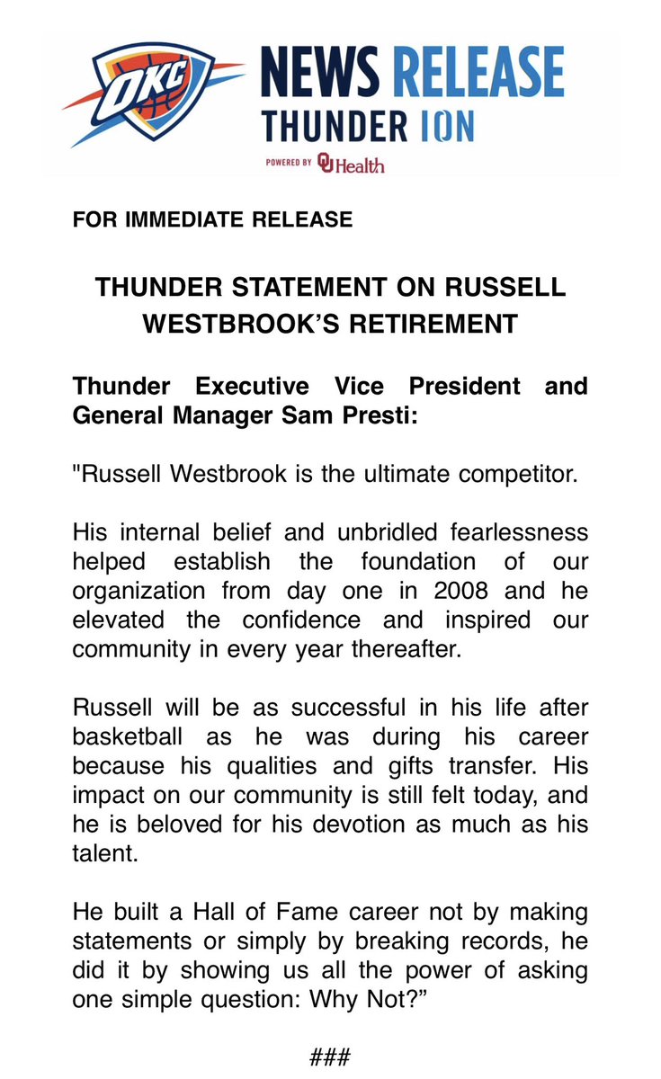 CAlmanza1007's tweet photo. Sam Presti’s statement on Russell Westbrook’s retirement: https://t.co/SQfl2lIJZw