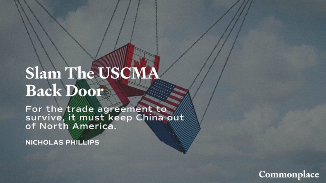 badvalorem's tweet photo. I wrote about USMCA for Commonplace. The agreement has become even more economically important now that it’s one of the few tariff-free routes to the American market. That’s leverage to push Mexico and Canada to exclude China from North America https://t.co/Fy0AIQzEts