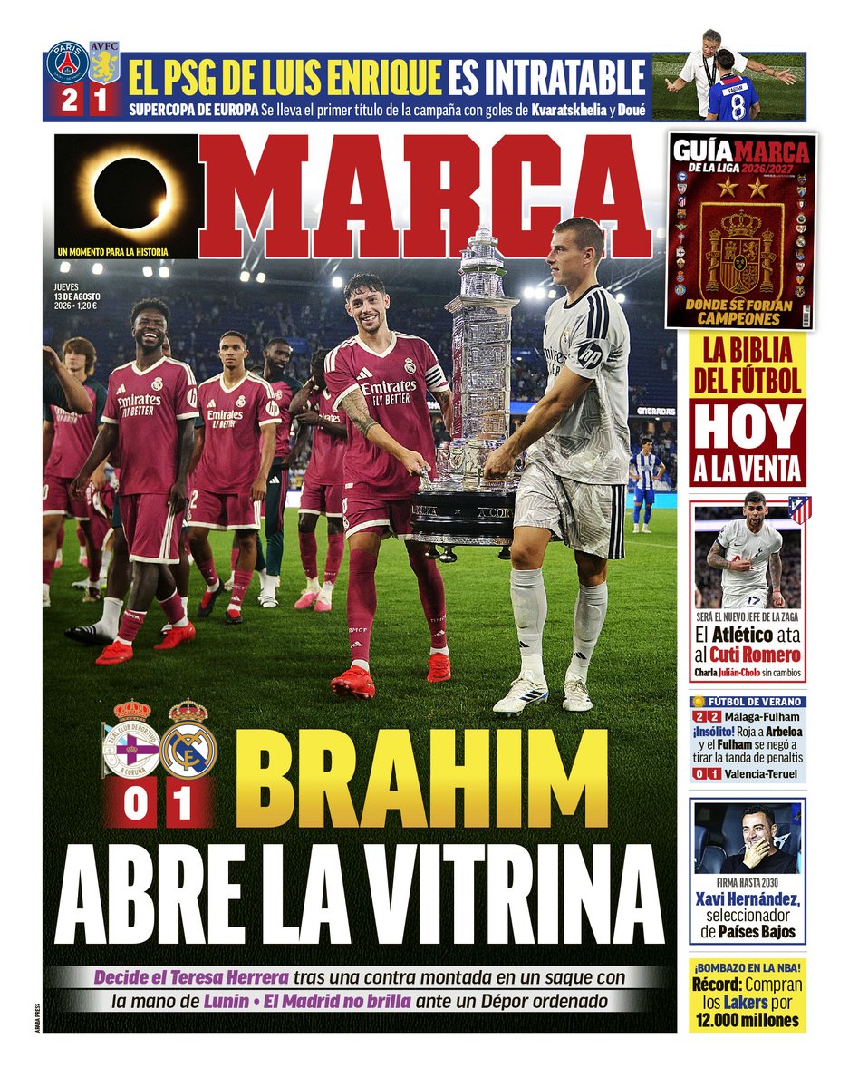 marca's tweet photo. 📰 #LaPortada

✍️Brahim abre la vitrina

⚪ El triunfo del Real Madrid en el #TeresaHerrera 🏆 protagoniza nuestra primera de este jueves https://t.co/LyRhgD84T5