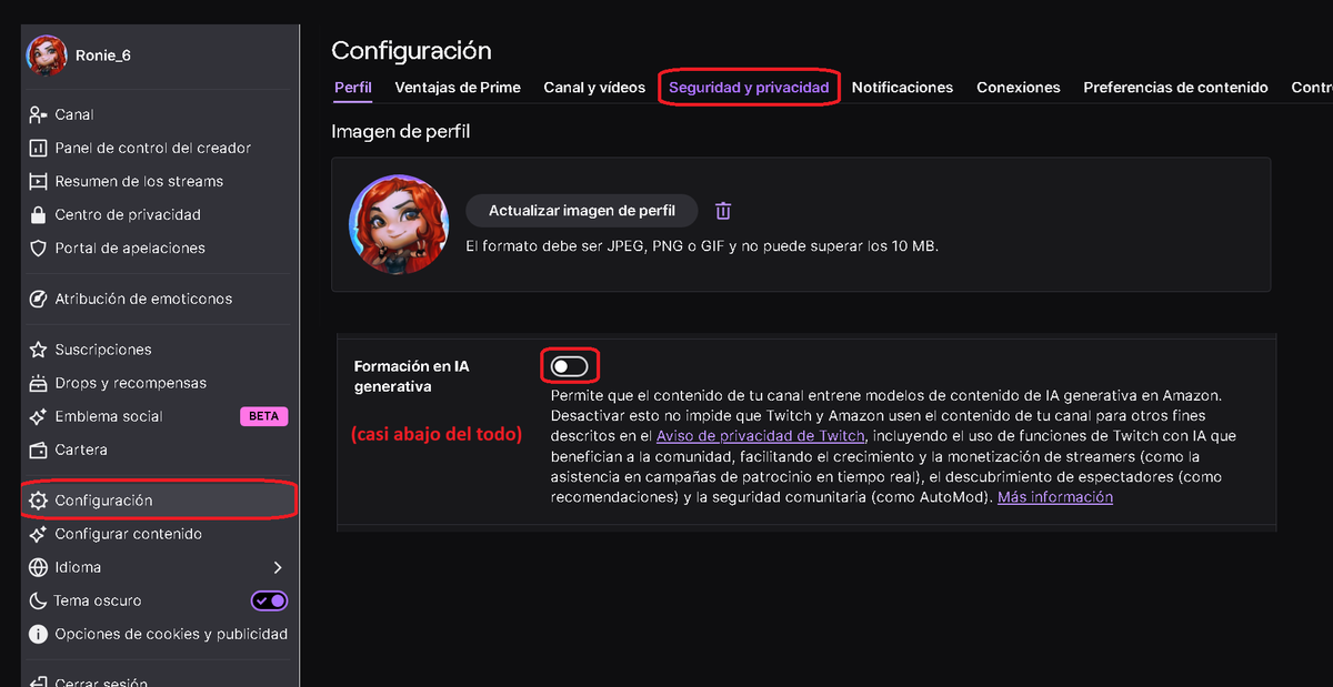 Ronie_6's tweet photo. Twitch ha incluido un apartado que está activo por defecto y permite que "el contenido de tu canal entrene modelos de contenido de IA generativa en Amazon"

Para quitarlo vais a vuestro perfil >> configuración >> seguridad y privacidad >> desmarcar
 
Que hartazgo de verdad😞 https://t.co/MUnxh5MjcL