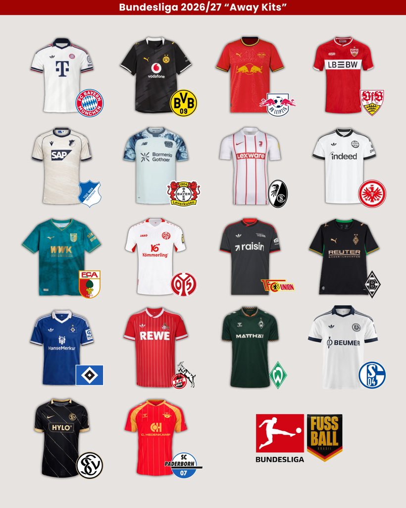 BundesInsider's tweet photo. 👕 Todos os clubes da Bundesliga apresentaram oficialmente suas novas camisas II (away) para temporada 2026/27!

Notas!? 🗯️

(@FussballBR) https://t.co/Nd6ozsx9Vq