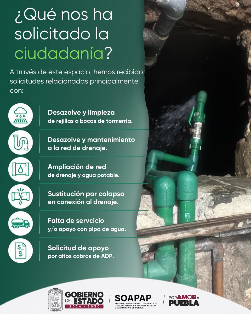 SOAPAPGobPue's tweet photo. Atendemos las solicitudes que la ciudadanía nos hace llegar a través de #ArmentaContigo.
Cada martes recibimos reportes relacionados con los servicios de agua potable y drenaje, a los que damos seguimiento de acuerdo con cada caso. 

Te compartimos parte del trabajo realizado a partir de estas solicitudes.🤝