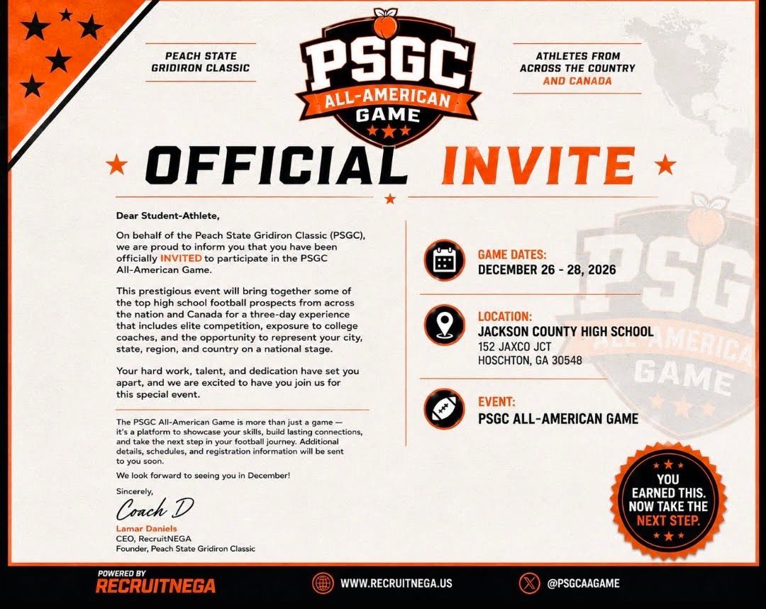 DariusSmith429's tweet photo. Blessed to be invited to the 2026 PSGC All American game. Thank you @RecruitNE_GA @PSGCAAGame for the invite. @CoachDaniels06 @himiam68 @BigSkippin_75 @CoachPhyllip73 @des_bowles @Coachsdub @KuntryKane205 @77MMorais @KenWhitehead404 https://t.co/ZKMVjb62Lb