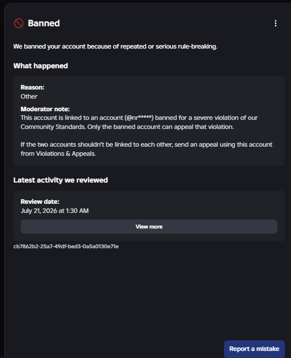_id4d's tweet photo. @Roblox when are we fixing the glitch where the enforcement ban does not appear in the violations and appeals page, and when i contact roblox on email, i get redirected to the same page where the ban does not show. the ban is based on a connection link with another banned account https://t.co/XOr1OVEITx