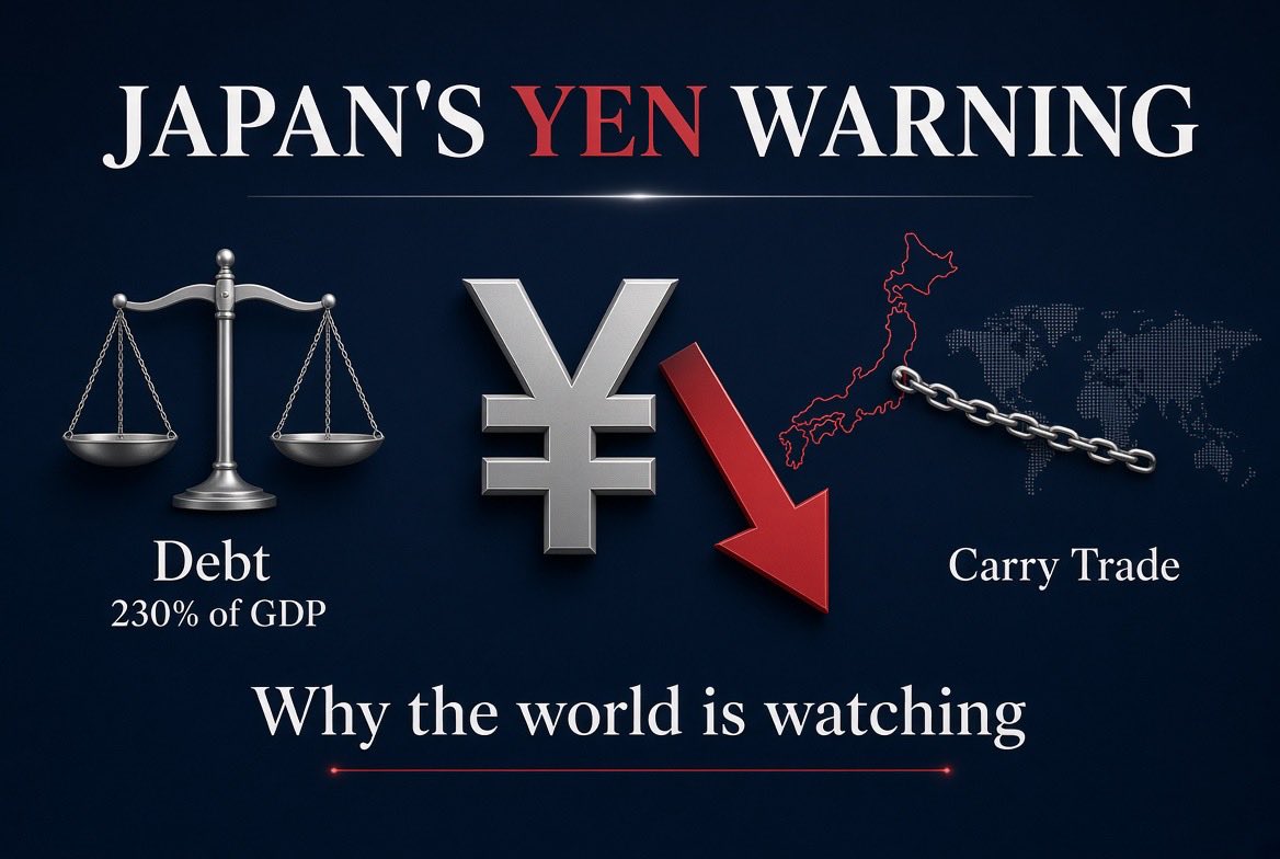 SwenneOlav's tweet photo. 🚨 Japan’s Yen just hit multi-decade lows, and the world should be paying attention.

This is more than a currency story.

A forced unwind of the yen carry trade or pressure on Japan’s massive debt could send shockwaves through global markets.

The joint US-Japan intervention just two weeks ago has already lost half its gains. The yen is sliding back fast.

Here’s why it matters (in plain English):

1. The Carry Trade
For years investors borrowed ultra-cheap yen in Japan and invested it elsewhere for higher returns.

If the yen strengthens or rates rise, those positions get forced closed, meaning rapid selling of stocks and bonds worldwide.

2. Why the Bank of Japan can’t just hike rates hard

•  Japan has the highest government debt in the developed world (~230% of GDP). Higher rates explode interest costs.

•  Banks and insurers hold huge amounts of Japanese bonds. Rising rates create big losses.

•  The economy is fragile and the population is aging rapidly.

3. The rollover problem

Old loans keep their low fixed rates, but Japan has to constantly refinance enormous amounts of maturing debt at the new higher rates. The total interest bill still rises fast.

The US even joined Japan in intervening to support the yen, the first time in 15 years. Yet half of that support has already evaporated.

Interventions can buy time.

They don’t fix the underlying problems.

Is this the risk markets are still underestimating?