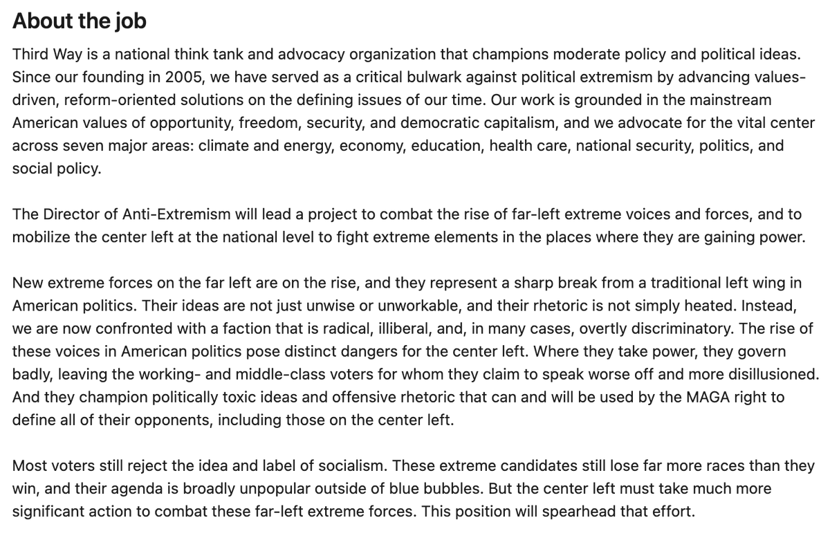 petersterne's tweet photo. The centrist think tank Third Way is hiring a "Director of Anti-Extremism" to lead a messaging campaign against DSA. https://t.co/WbwZcdVdcE h/t @adamjohnsonCHI https://t.co/2MFf45mumH