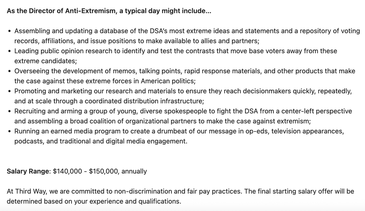 petersterne's tweet photo. The centrist think tank Third Way is hiring a "Director of Anti-Extremism" to lead a messaging campaign against DSA. https://t.co/WbwZcdVdcE h/t @adamjohnsonCHI https://t.co/2MFf45mumH