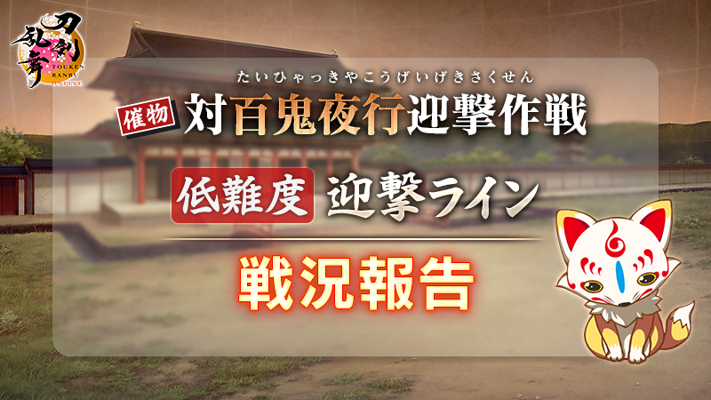 TOUKEN_STAFF's tweet photo. 【催物「対百鬼夜行迎撃作戦」について】
「疑似平安京フィールド」の低難度 迎撃ラインにて、最後の大型で強力な敵を含む敵集団が到着。
強力な敵を撃破し、形勢を好転させましょう。
#刀剣乱舞 #とうらぶ #対百鬼夜行 https://t.co/IQVwPhQubC