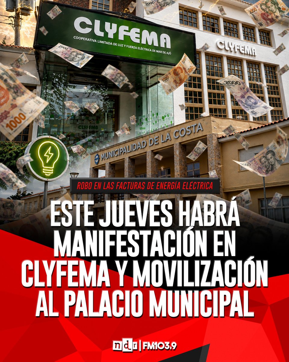 NdRradio's tweet photo. 🔴⚡ JUEVES DE MANIFESTACIONES EN LA COSTA POR LOS TARIFAZOS EN LA ENERGÍA ELÉCTRICA
A las 9, clientes de #CLyFEMA protestarán frente al ente marajense y a las 10 damnificados por #EDEA y las (pseudo)Cooperativas se movilizarán desde avenida 79 y ruta al Palacio Municipal. https://t.co/xv4PMB9hwS