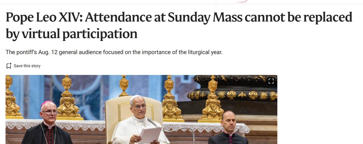 poperespecter1's tweet photo. Breaking: Pope Leo warns Catholics that online mass does not fulfil your Sunday obligation. 

You have to attend in person. https://t.co/lAxD6ZFugm