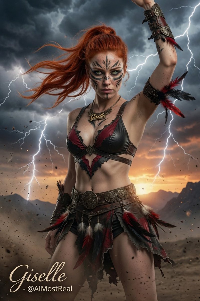 AImostReal's tweet photo. Storm Warrior ⚡🗡️
I raise my arm under the lightning and claim the storm. The wind tears at my hair and feathers.
Face paint sharp, leather tight, I stand on the ridge and dare the sky. Power runs through me.
I am the storm now. Nothing breaks me.
#Giselle #StormWarrior #AfterDark