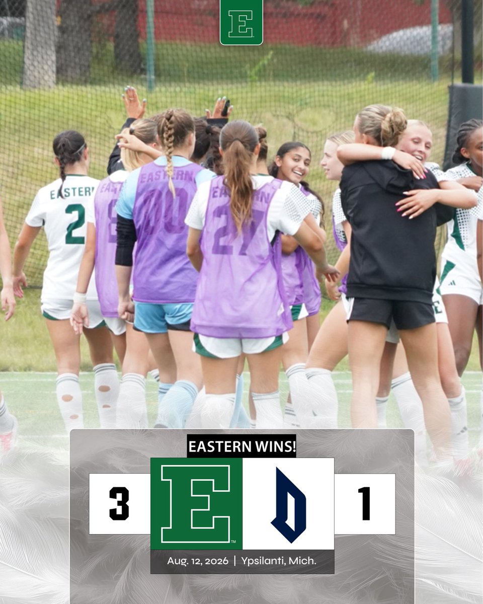 EMUSoccer's tweet photo. 𝗘𝗔𝗦𝗧𝗘𝗥𝗡 𝗪𝗜𝗡𝗦‼️

Eastern tops Duquesne to open the 2026 season! https://t.co/RZHgvLpqGg