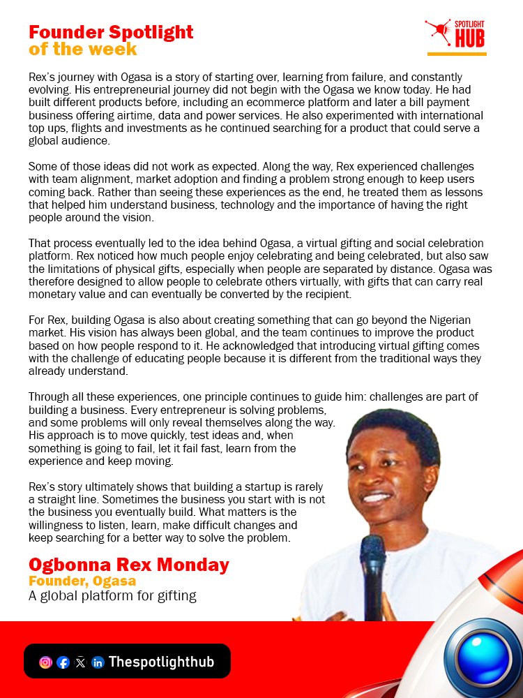 TheSpotlighthub's tweet photo. What does it really take to build a startup when things do not go as planned?
In our latest #FoundersJourney, we spotlight Ogbonna Rex Monday, the founder of #Ogasa and the founder’s story goes beyond the product.
From facing setbacks and learning from failure to building. https://t.co/rFE2nYaHrO