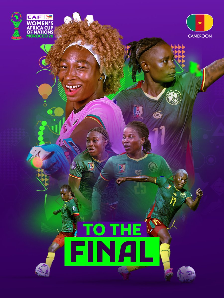 CAFwomen's tweet photo. TO THE FINAL. 🇨🇲

Cameroon are #TotalEnergiesWAFCON2026 finalists! Historic. 🌟 https://t.co/14FjQFiQSL