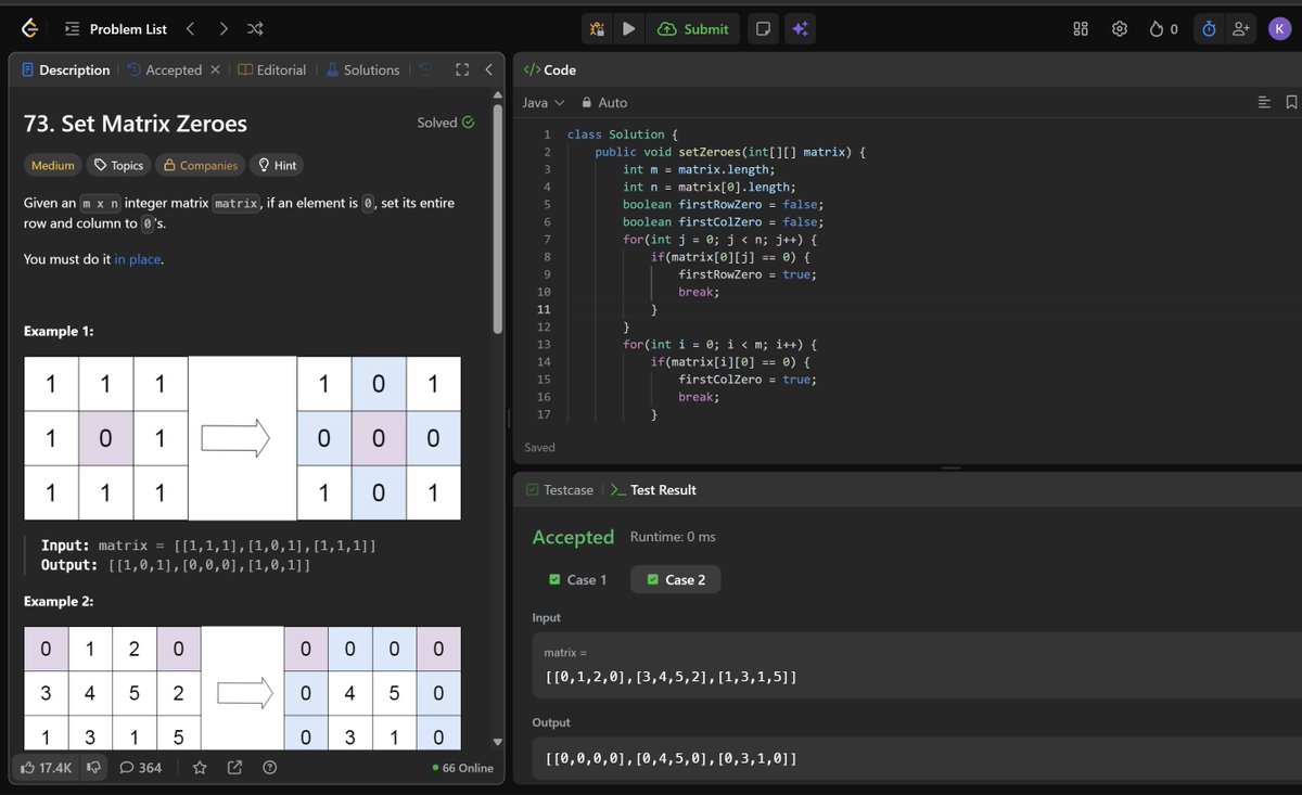 rajnahsik's tweet photo. Day 9 of gearing up for placements. 💻

Continued DSA practice with the Striver SDE Sheet.

Today’s practice:
✓ Best Time to Buy and Sell Stock
✓ Set Matrix Zeroes
Focused on arrays, matrices, in-place algorithms, and O(1) extra-space thinking.
#DSA #Java #LeetCode https://t.co/rodAAhE1LE