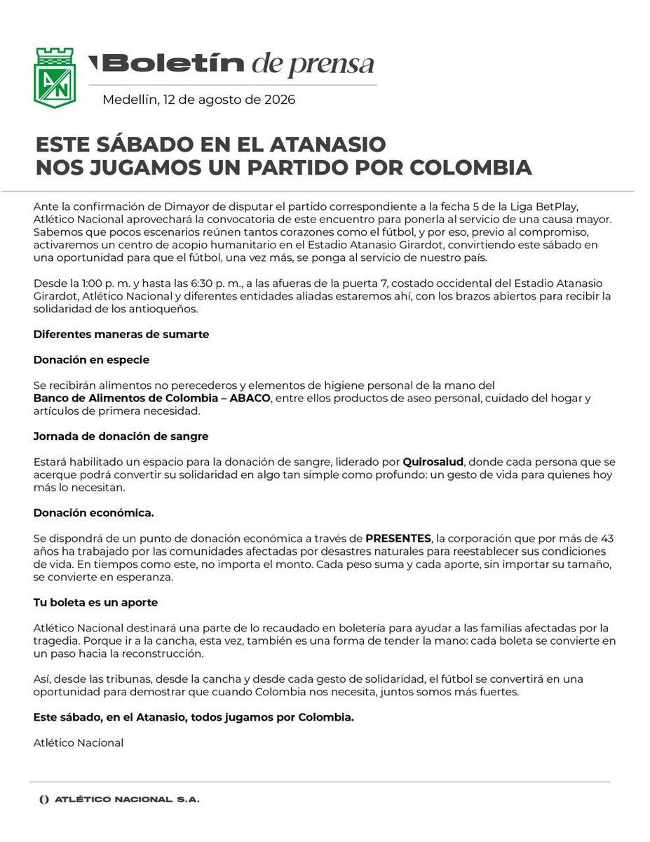 juandl84's tweet photo. Comunicado oficial de Atlético Nacional sobre el partido del sábado. https://t.co/g1bj1IeO0h