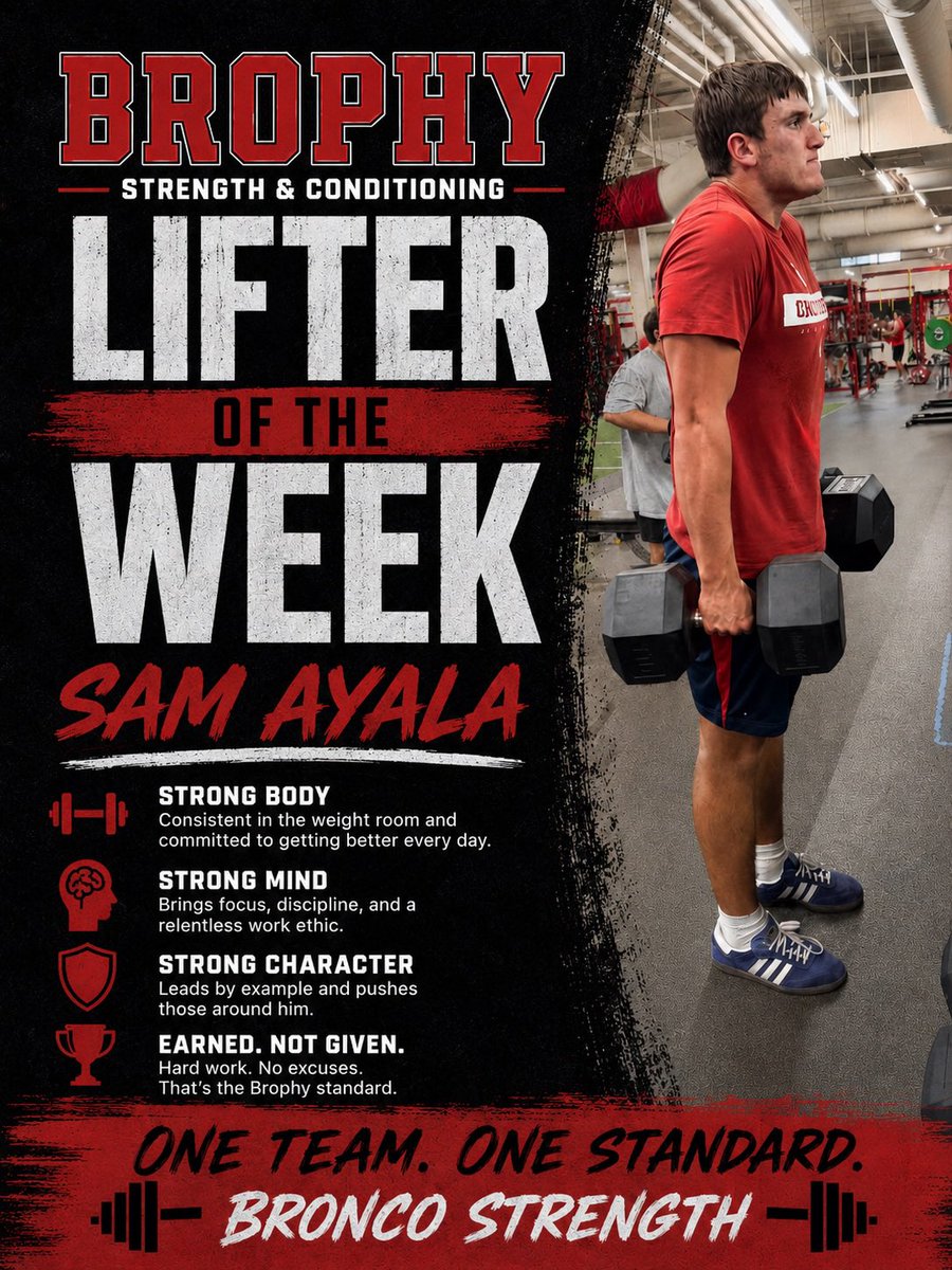 BrophyStrength's tweet photo. Lifter of the week profile: Junior Sam Ayala 
Sports: football and wrestling
Hobbies: lifting weights, surfing and MMA
Weight room accomplishments: back squat 365 x 3, 225 hang clean & 350 shrug
Favorite lift: power cleans
Weight room goals: power clean 300, 450 squat and 315 bench press
Favorite quote: “Just give me one more day” - Ed Mylett
Quotes - “I tell our athletes that they will reach their goals if they are consistent and intentional. Sam does of both. He shows up everyday and gives his absolute best. He’s the kind of kid that we have to kick out of the weight room because everybody else had left 30 minutes before.” - Director of Strength and Conditioning Kyle Vanden Bosch
“I’m not sure anyone in our weight room gives as much effort as Sam. I can count on him to be the last one to leave at every weight lifting session.” - Head Football Coach Jason Jewell @SamAyala06 @FootballBrophy @BrophyAthletics @BrophyStrength @jason247scout