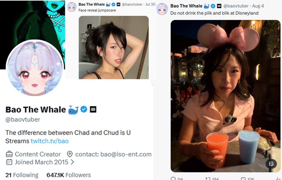 AI_EmeraldApple's tweet photo. With how much Bao has been doing IRL stuff with multiple face reveals without using the avatar, she has removed her VTuber label from her profile.
Now it only exists on her @ tag.  

After all the Sinder drama, the Skeb drama, and the misandry drama recently, this might be a move to "rebrand" herself, as evidently the simp audience has completely fallen for her "IRL" appearance.
