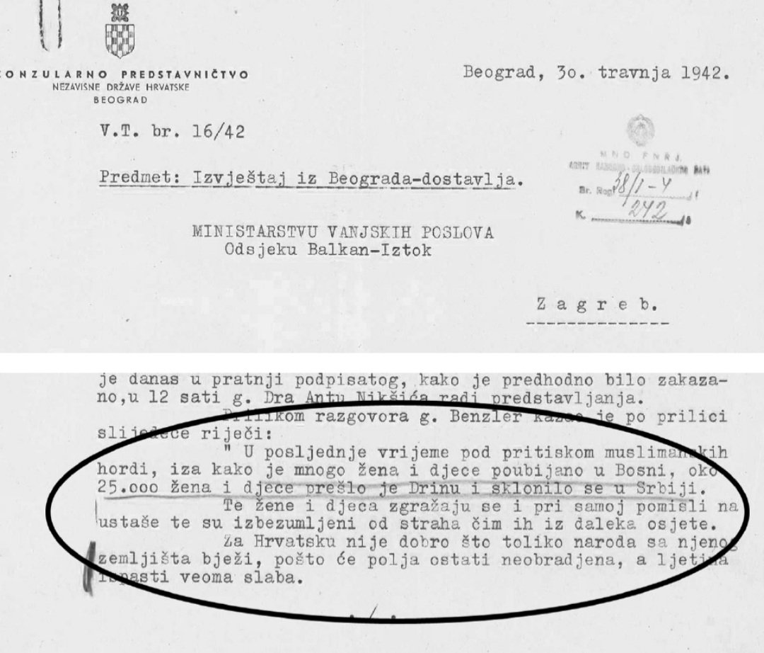 Biljana16559170's tweet photo. Крунски дипломатски доказ из усташке архиве који до краја запечаћује сурову истину о геноциду над Србима! 🧵👇

Погледајте овај строго поверљиви документ Конзуларног представништва фашистичке НДХ у Београду од 30. априла 1942. године, упућен Министарству вањских послова у Загребу. Сами џелати су у својим дипломатским извештајима Павелићу потврђивали бројке и признавали размеру сопствених злочина које америчка војна мапа испод бележи!

У овом документу, хрватски конзул дословно преноси речи немачког војног изасланика Бензлера:

„У посљедње вријеме под притиском муслиманских хорди, иза како је много жена и дјеце поубијано у Босни, око 25.000 жена и дјеце прешло је Дрину и склонило се у Србији. Те жене и дјеца згражају се и при самој помисли на усташе те су избезумљени од страха чим их из далека осјете.“

Док данашњи модерни ревизионисти у Загребу безочно лажу и покушавају да свуку број српских жртава на пар десетина хиљада (у томе им помаже Аца Шиптар @avucic @predsednikrs) , њихове сопствене архиве доказују пакао који су спроводили:

Сами фашисти су писмено документовали како српска деца у бесвесној коми од страха беже преко Дрине да би спасила живу главу од усташког клања!

Немачки окупатори се згражавају над хрватским садизмом, упозоравајући Загреб да „није добро што народ бежи”, али не из људскости, већ из похлепе јер нема ко да им обрађује поља у Босни, па ће остати без летине!

Ово је слика и прилика како се српска крв проливала и како су нас истребљивали са обе стране Дрине и са КiM-a. Погледајте ове папире и добро запамтите ове речи - то је сурова истина коју данас нико нема право да заборави, заташка или кукавички прећути у име било каквог лажног „мира“ и политичке трговине! 🇷🇸☦ Прочитајте целу објаву испод...

#ГеноцидНадСрбима #УсташкиЗлочини #НДХ #Историја #Истина #АмеричкиАрхив #Србија #КосовоИМетохија #Политика #Вучић #Дрина #КуртиТерор #Genocide #NDH #diplomaticCable