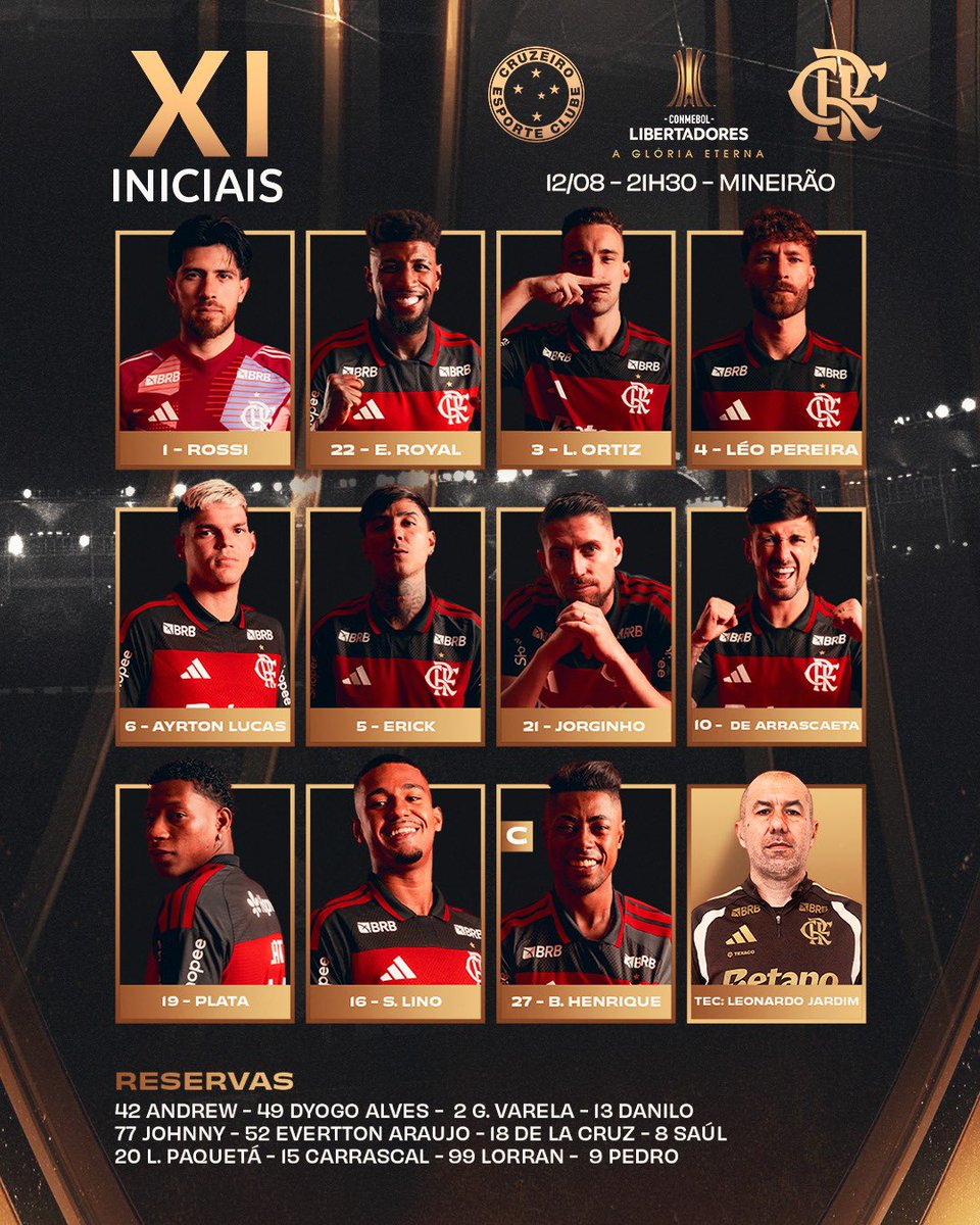 Flamengo's tweet photo. NOSSO TIME É A GENTE EM CAMPO! 

Confira a #escalação do MENGÃO para enfrentar o Cruzeiro, pela Libertadores! 

#FLAxCRU https://t.co/xJa3g4Wd1m