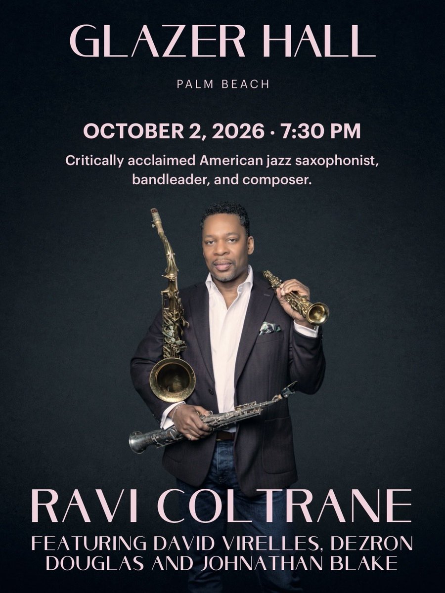 glazer_hall's tweet photo. Grammy-nominated saxophonist Ravi Coltrane and his quartet honor his father John Coltrane’s extraordinary legacy in an unforgettable night of world-class jazz at GLAZER HALL.

Get tickets: https://t.co/FK4chuyRMr https://t.co/TkxaZsjDO2