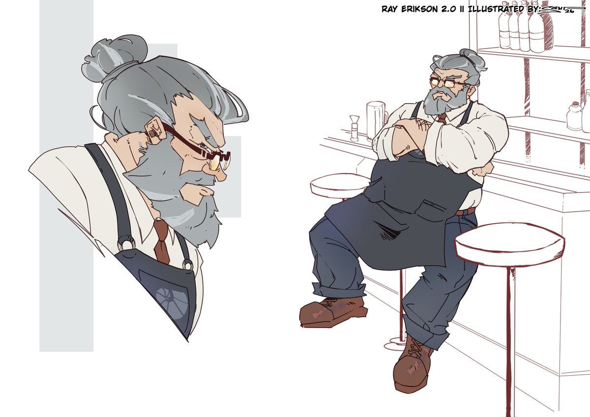 SYNC_Project037's tweet photo. Ray Erikson is the owner of The Nautilus, a bar located in Old Dalton, the city's historic district. A retired military veteran, Ray may appear gruff and stern at first, but beneath his tough exterior is a kind and generous man with a soft spot for Zero.

Art by @scent_2002 https://t.co/jyPmgi03PG