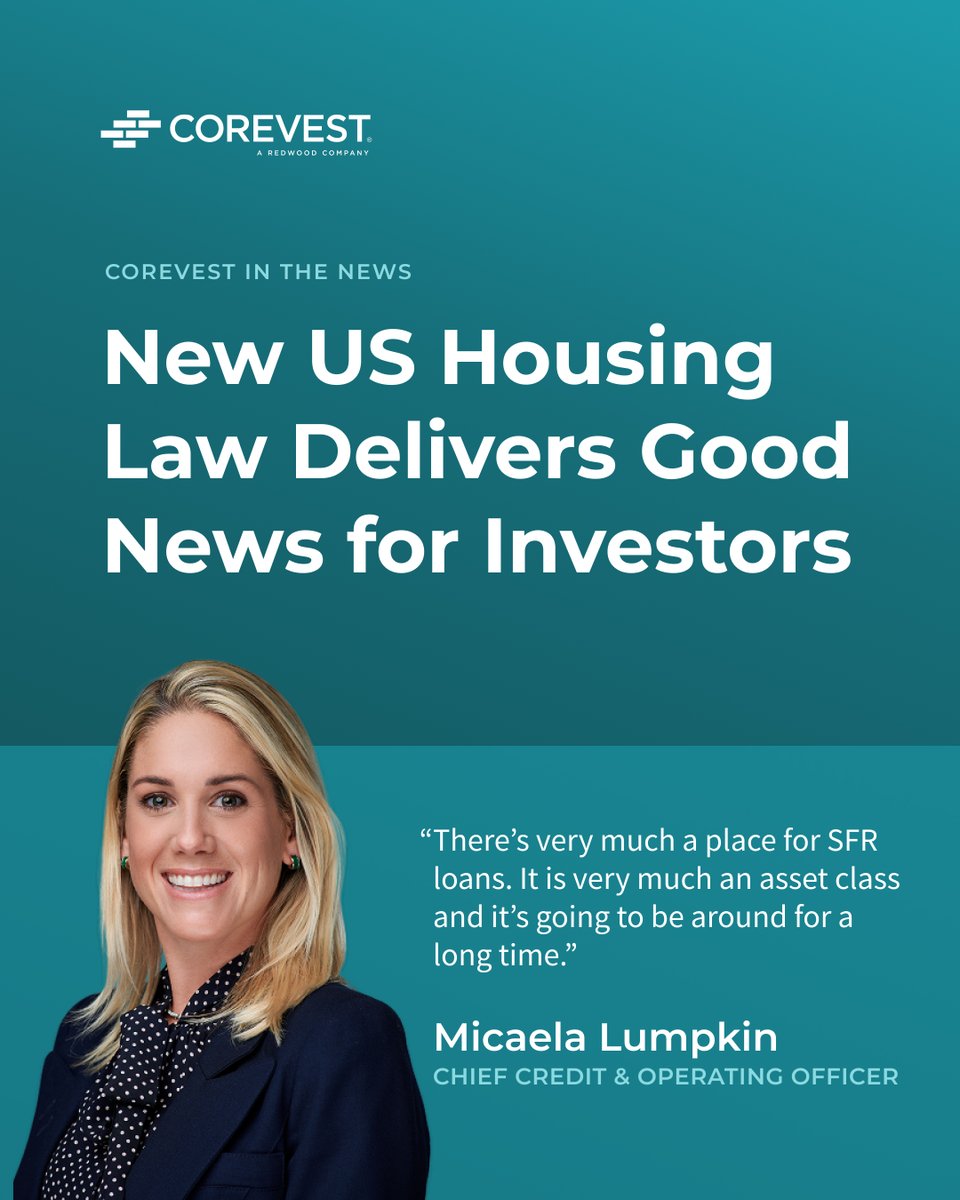 CorevestFinance's tweet photo. CoreVest in the news! 📰 COO Officer Micaela Lumpkin spoke with https://t.co/fpTcks89kY about growing insurer appetite for residential whole loans.

For investors, that demand reinforces the strength and liquidity of SFR as an established asset class.

https://t.co/xNRyjhmPAt https://t.co/ND2ikkX28v