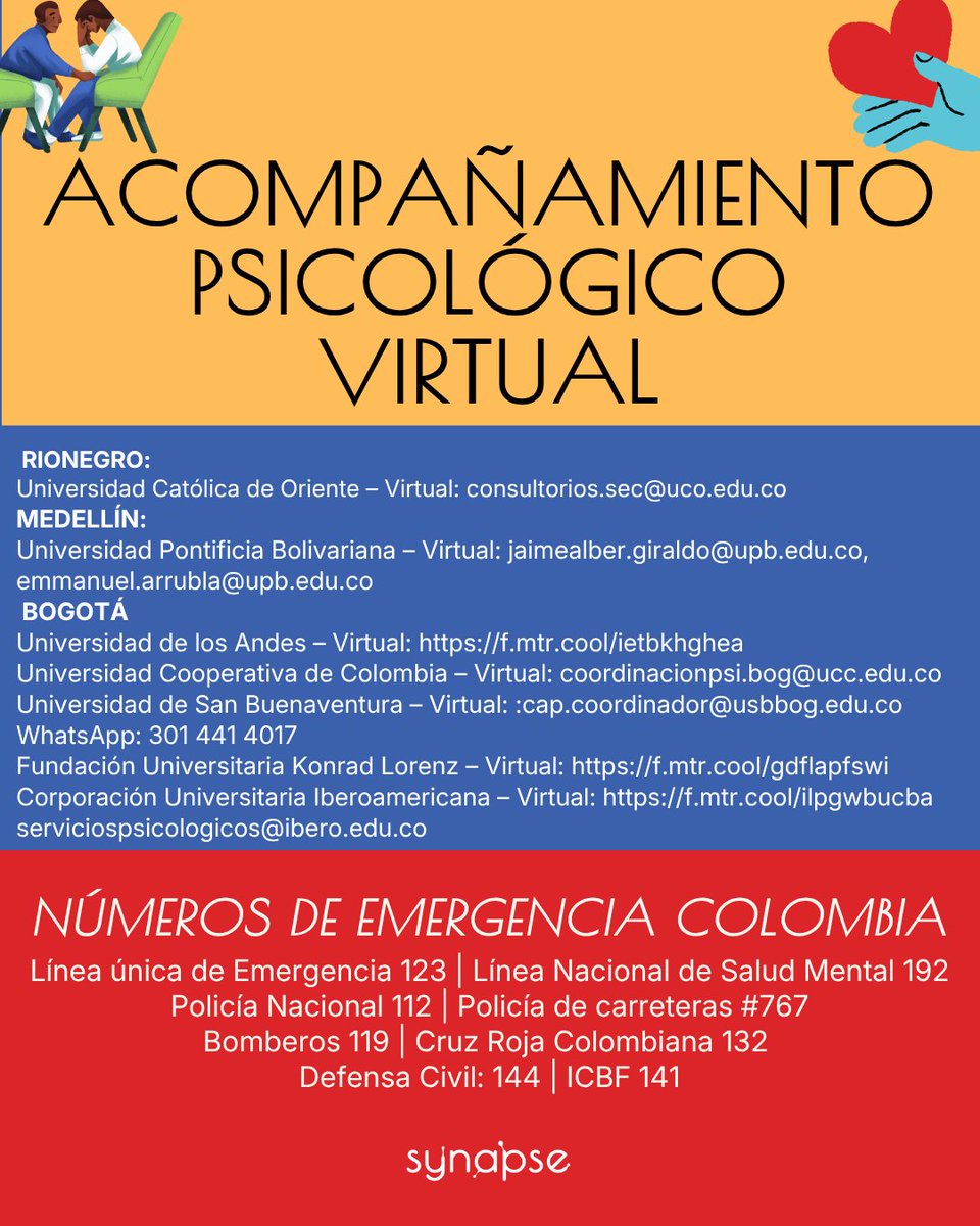 SynapseIntegral's tweet photo. Comparte esta información para que pueda llegar a más personas.
#ValleDelCauca #SaludMental #AcompañamientoPsicológico #PrimerosAuxiliosPsicológicos #Colombia #Psicología https://t.co/2tH9nnr1tI